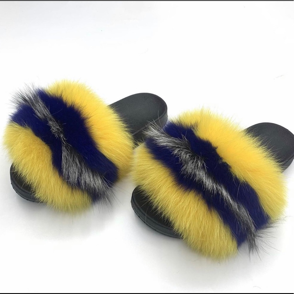 Green and pink fox fur slides